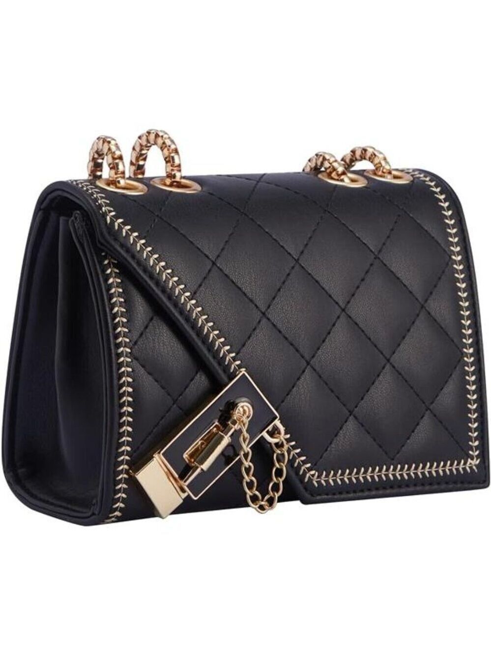 Black Quilted Vegan Leather Crossbody Bag Shoulder Bag Fashion Chain Small Purse
